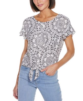 Women's Printed Eyelet Tie Front Knit Top