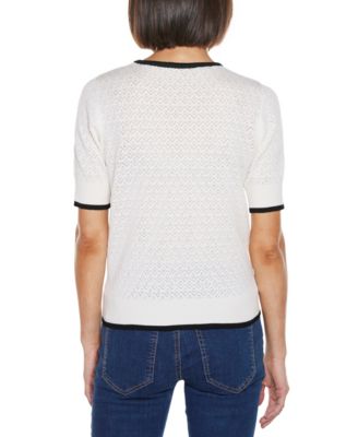 Women's Bow Detail Pointelle Short Sleeve Sweater