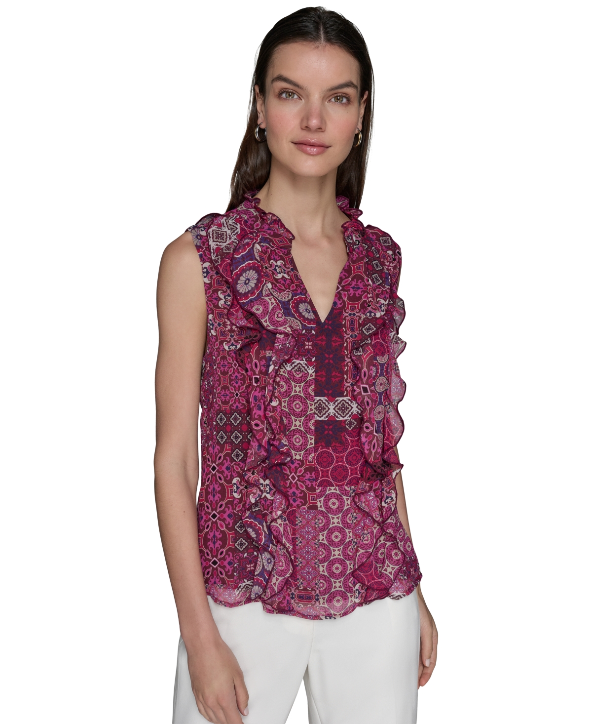 Women's Printed Ruffled Blouse - Wine Combo