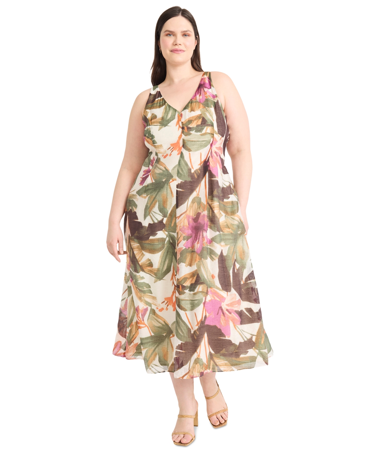 Plus Size Printed Sleeveless Midi Dress - Ivory/Berry