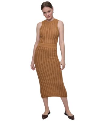Womens Crewneck Cable Pointelle Stitch Sleeveless Sweater Midi Skirt