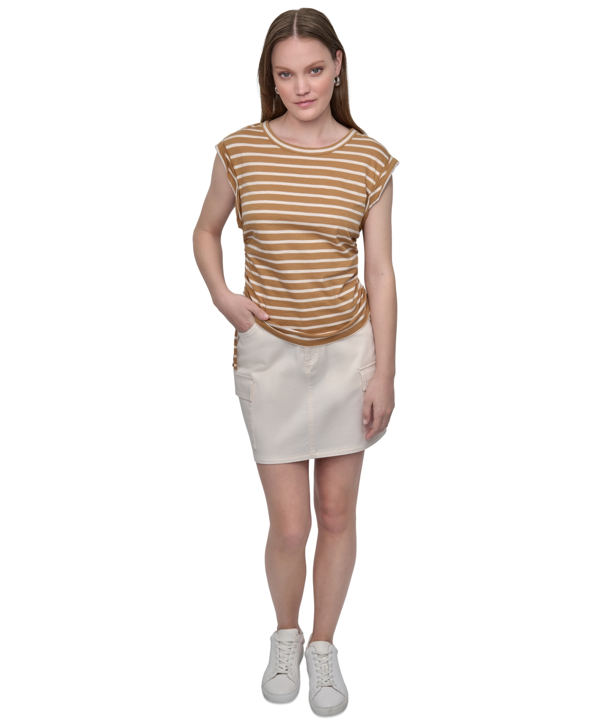 Dkny Jeans Petite Cotton Ruched Side-tie Sleeveless Tee In Brown