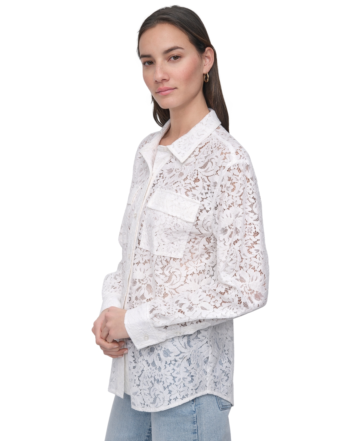 DKNY JEANS WOMEN'S LONG SLEEVE BUTTON FRONT LACE SHIRT 