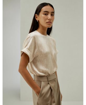 Women's Print Pearl Satin Silk T-Shirt Top