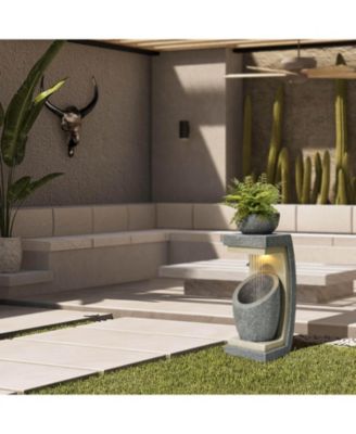 Gray Resin Column and Bowl Sculpture Outdoor Fountain with Lights