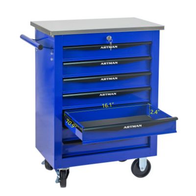 7 Drawers Multifunctional Tool Cart with Wheels Metal Rolling Tool Cart Storage with Stainless Steel Roof Black Blue