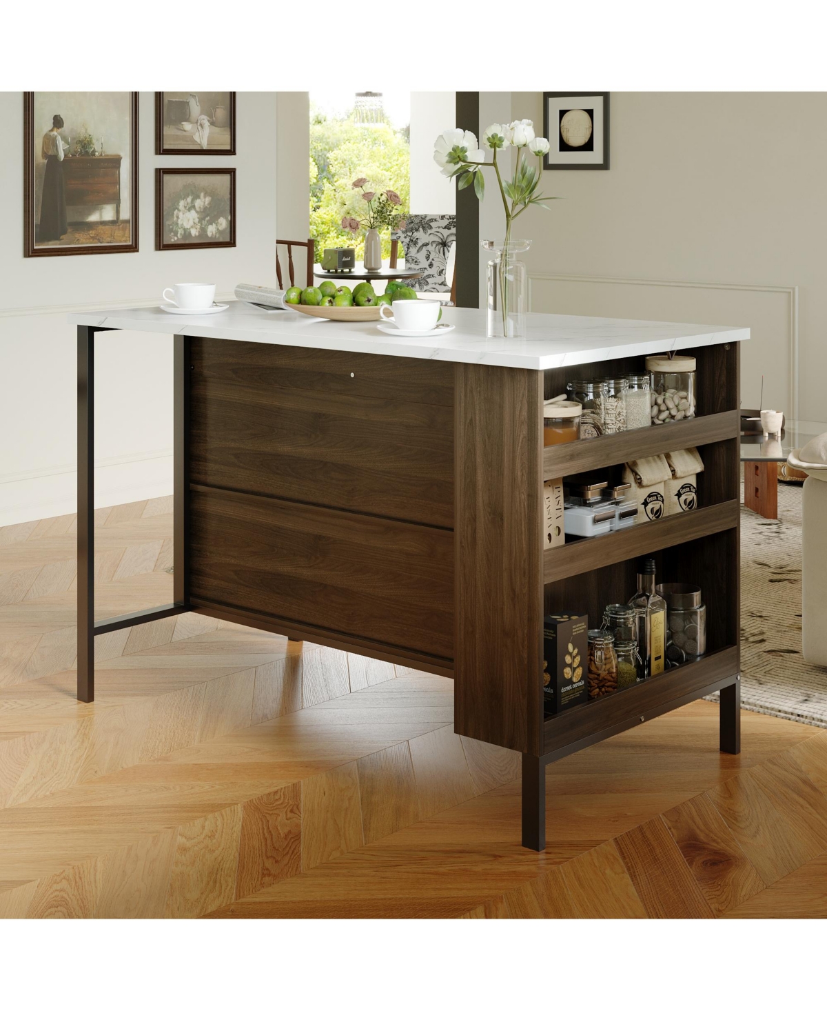 Kitchen island with 2 drawers, iron feet, island storage table with dining table, coffee station and microwave rack for home, dining room, marble and