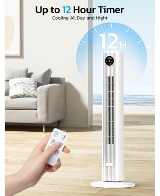 Tower Fan for Bedroom, 90° Oscillating Fan with 12H Timer, 37”Standing Fans with Remote, Bladeless Fan with 4 Modes & 3 Speeds