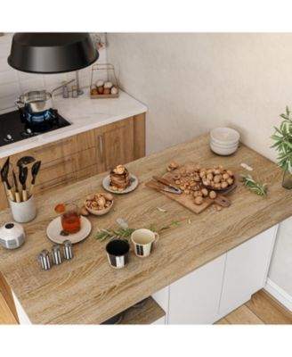 kitchen island with 2 doors, 1 drawer, dining table, coffee station & microwave rack—white wooden design for home or dining room.