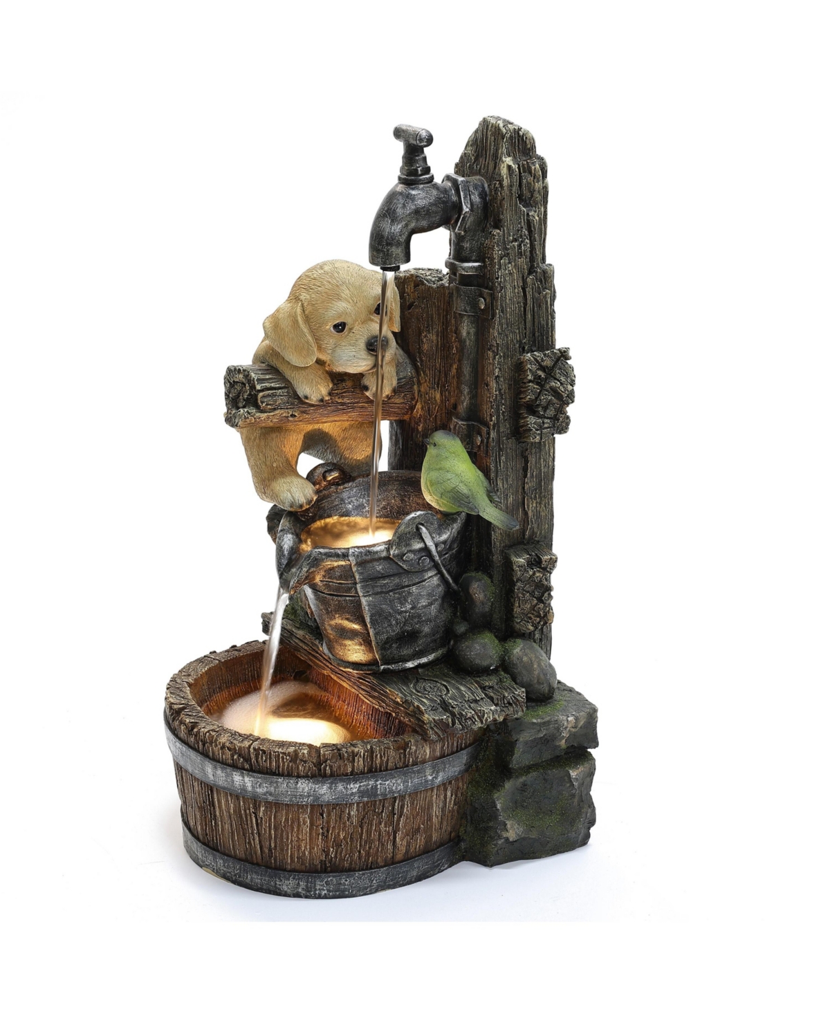 Puppy at the Farmhouse Faucet Resin Outdoor Fountain with Lights - Brown
