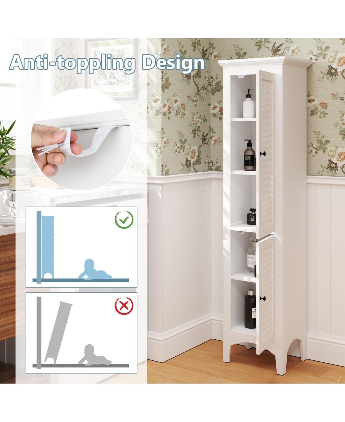 Tall Bathroom Floor Cabinet with Shutter Doors and Adjustable Shelf