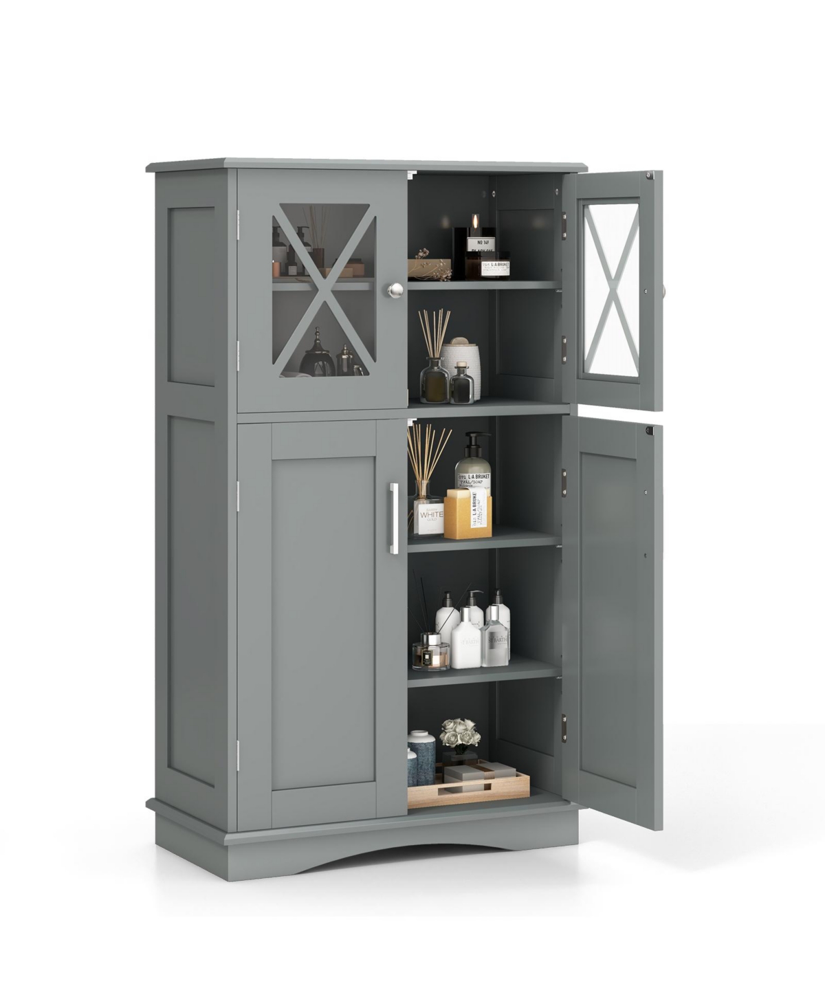 4 Doors Freeestanding Bathroom Floor Cabinet with Adjustable Shelves - Grey