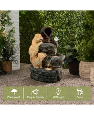 Puppy Rock Tower Farmhouse Resin Outdoor Fountain with Lights