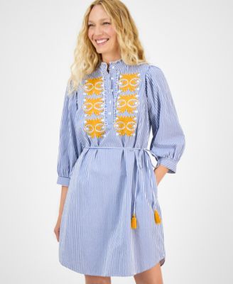 Women's Striped Embroidered Tie-Waist Dress