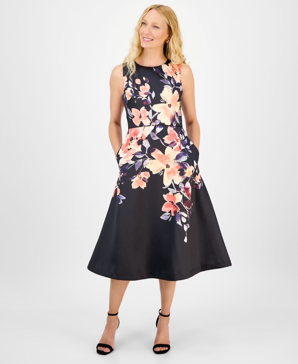 Women's Printed Sleeveless Midi Dress - Black/mult