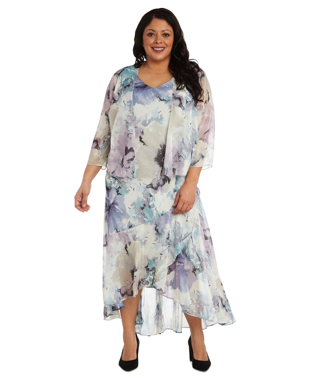 Plus Size Printed Sleeveless Midi Dress & Cropped Jacket - Blue/lavendar