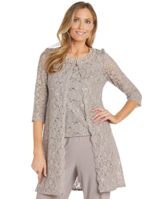 Petite Sequin Lace Jacket, Tank & Pants Set