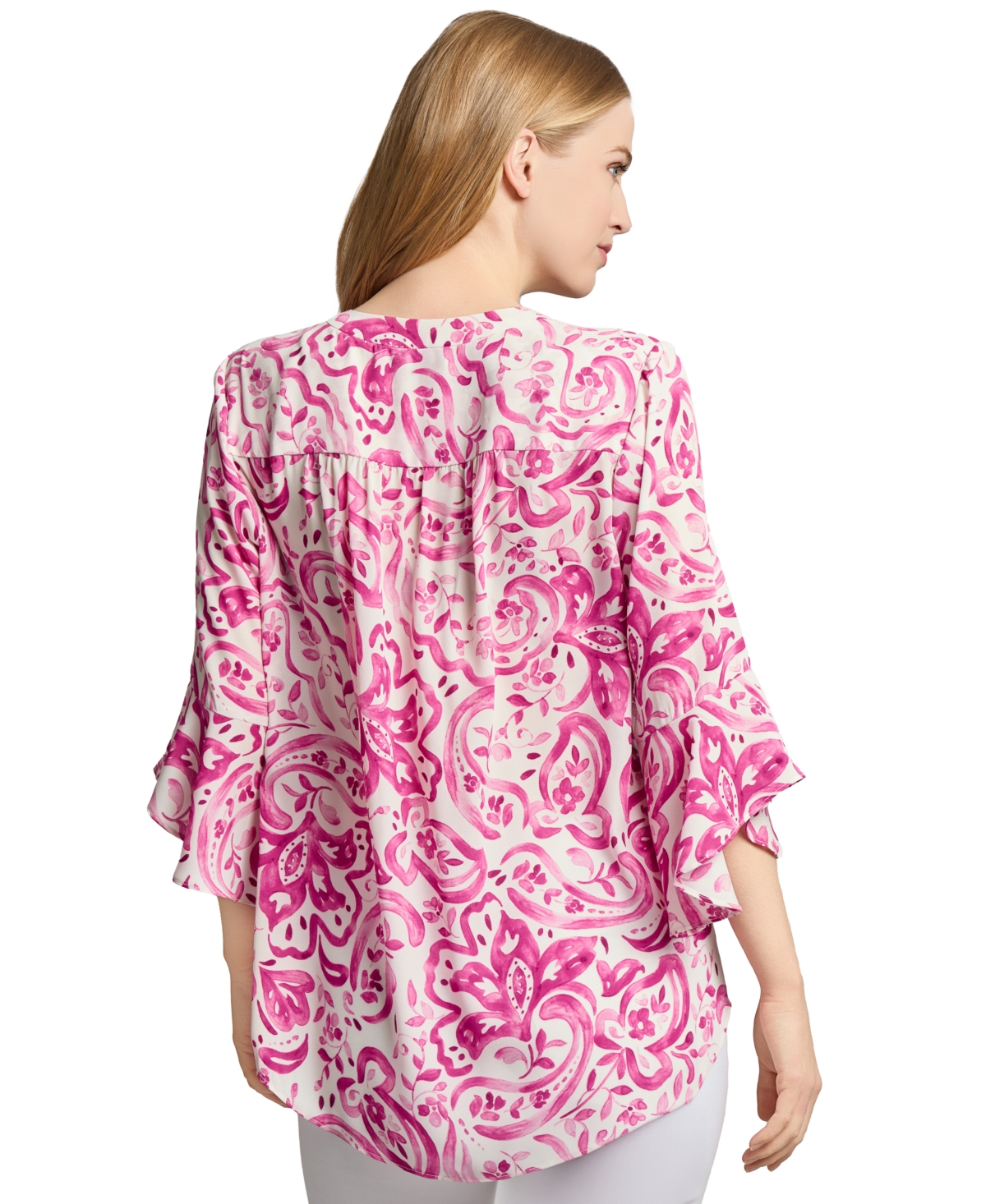 Jones New York Petite Paisley-print V-neck Bell-sleeve Top In Multi