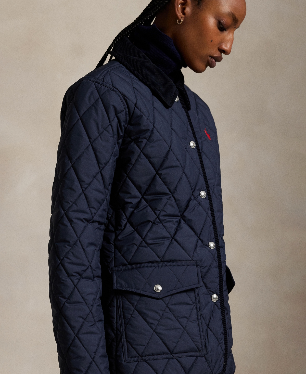 Polo Ralph Lauren Quilted Barn Jacket With Corduroy Collar In Blue