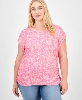 Democracy Trendy Plus Printed Side-Shirred Cap-Sleeve Top