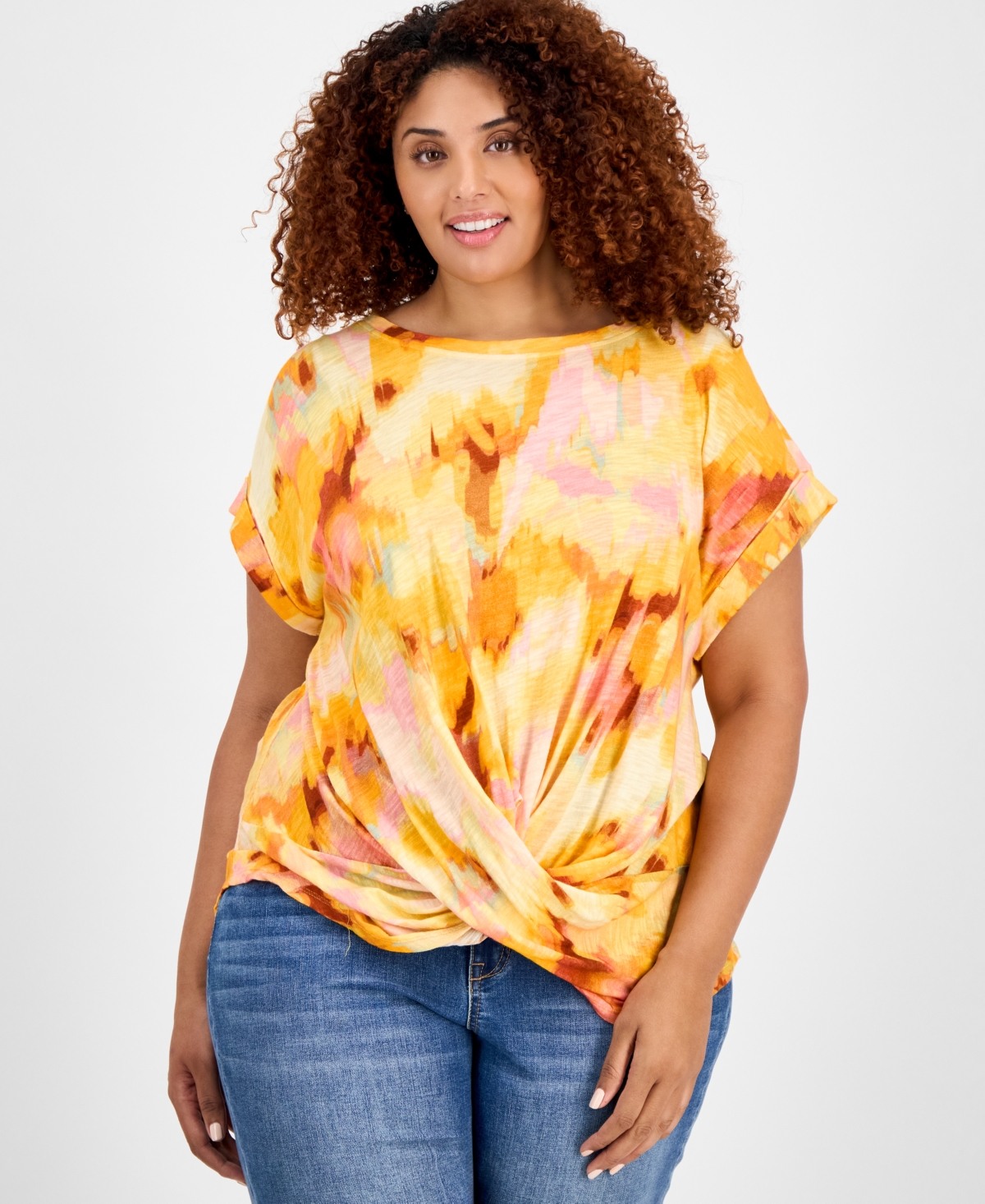 Trendy Plus Size Scoop-Neck Cuff-Sleeve T-Shirt - Sicilian Orange