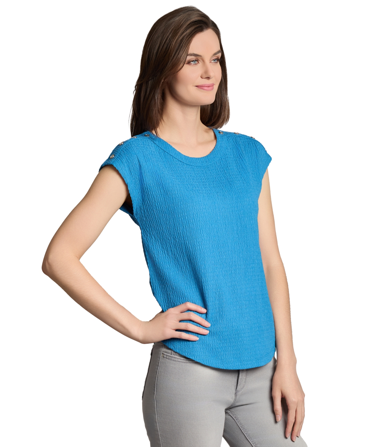 Jones New York Button Accent Cap Sleeve Top In Blue
