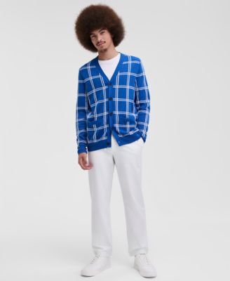 Men's Cotton Windowpane-Plaid Cardigan Sweater, Exclusively at Macy's