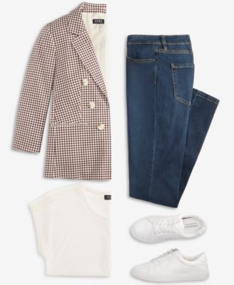 Shop Jones New York Womens Checkered Print Faux Double Breasted Jacket Extended Shoulder Lattice Neck Top Lexington Mid 