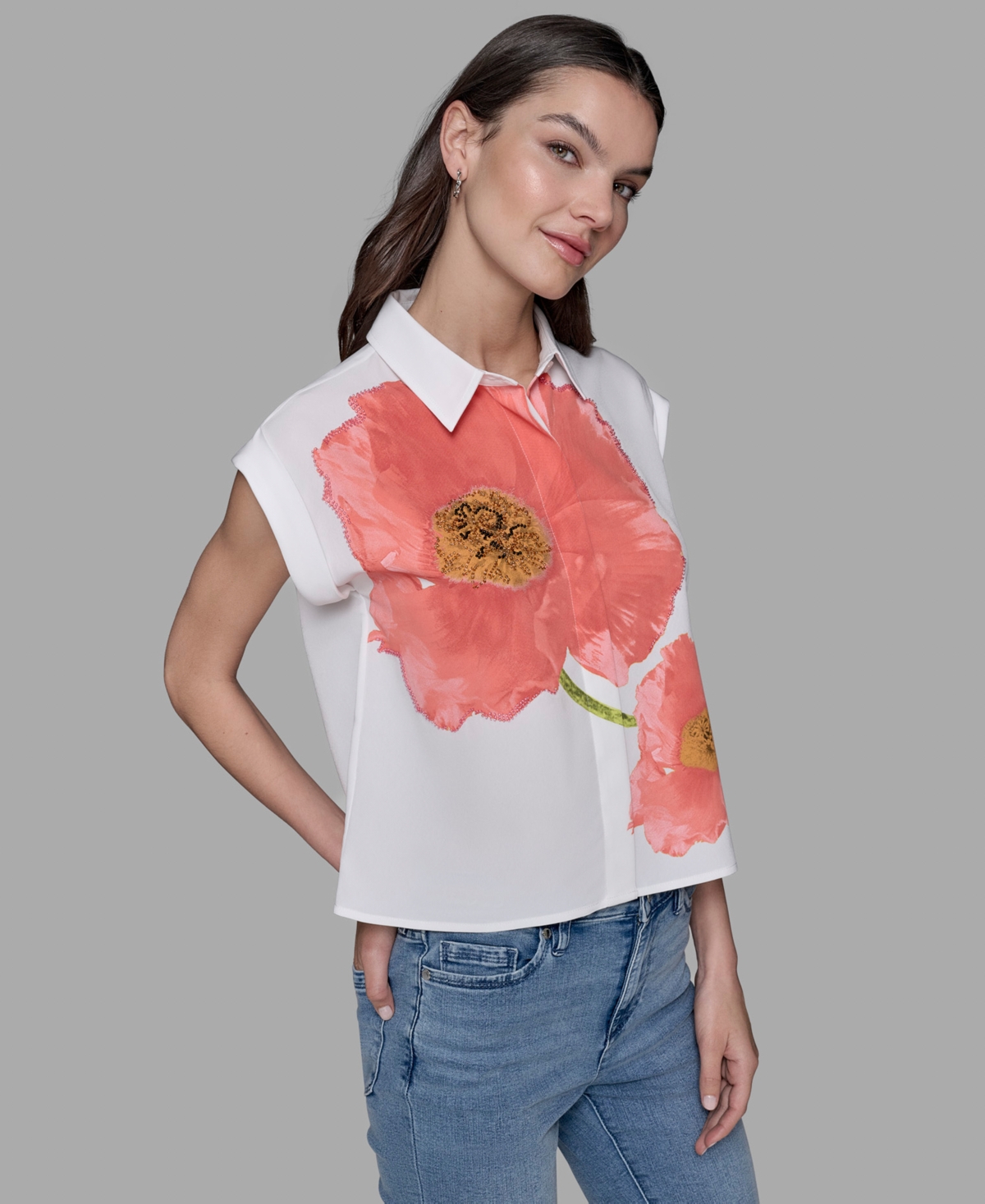 Karl Lagerfeld Petite Big Flower Print Button-front Blouse In White