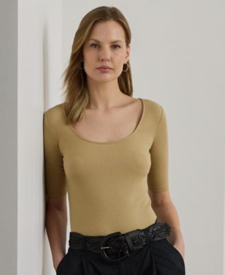 Lauren Ralph Lauren - Women's Rib-Knit Cotton-Blend Elbow-Sleeve Tee