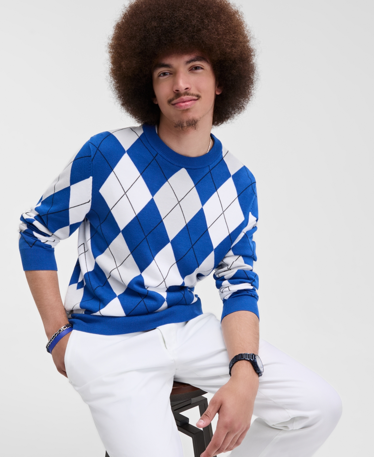 Men's Argyle Crewneck Sweater, Exclusively at Macy's - Golden Brown