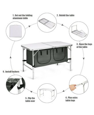 Folding Camping Table Aluminum Height Adjustable w/ Storage Organizer