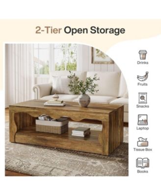 47.24-Inch Farmhouse Coffee Tables, 2-Tier Wooden Rectangular Accent Center Low Cocktail Tea Table with Open Storage Shelf, Rustic Brown