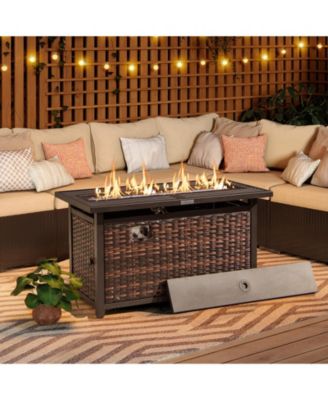 Propane Rattan Firepit Table with Glass Stones and Protective Cover
