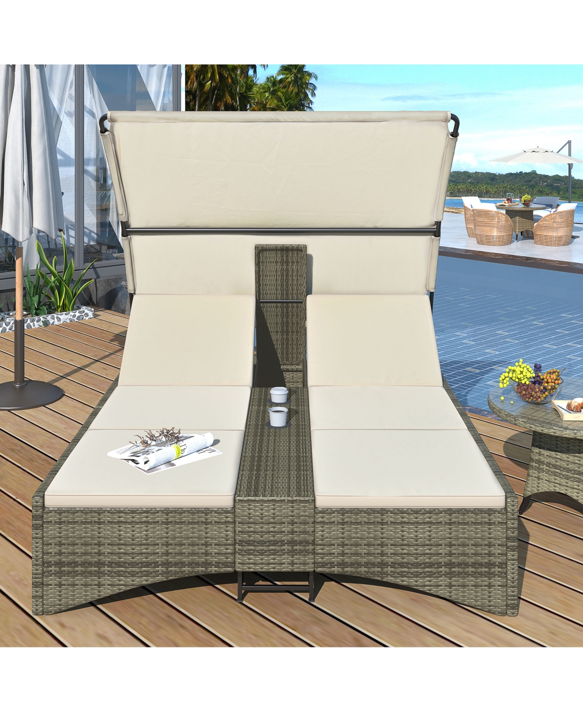 Outdoor Daybed Rattan Sun Lounger with Shelter Roof with Adjustable Backrest, Storage Box and 2 Cup Holders