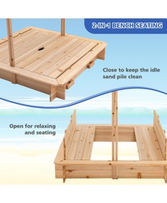 Kids Wooden Sandbox with Canopy & Foldable Bench Seats