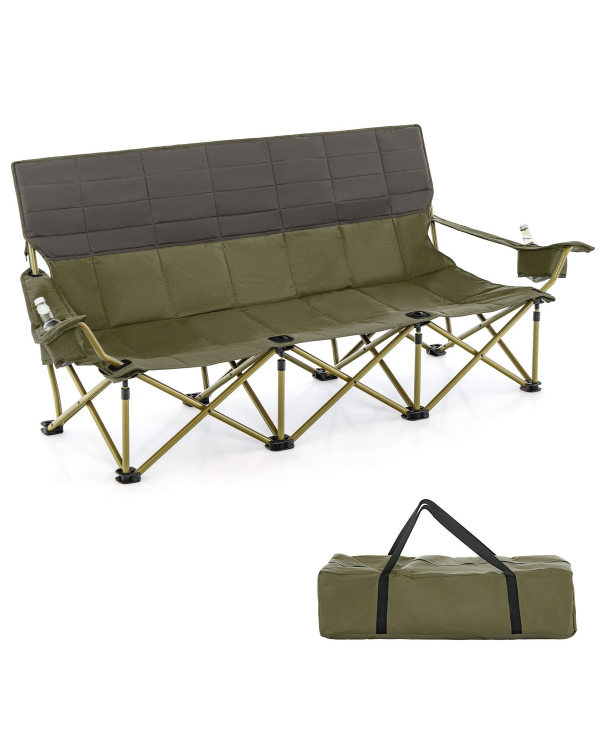3 Person Folding Camping Chair with 2 Cup Holders Cotton Padding & Storage Bag - Navy