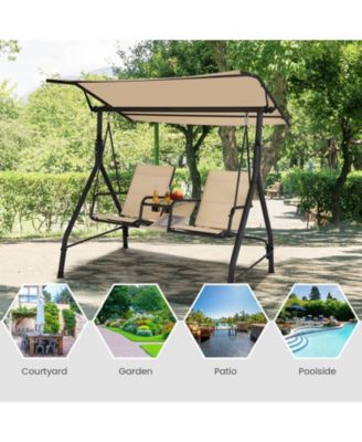 2-Seat Outdoor Cushioned Porch Swing with Adjustable Canopy and Tempered Glass Table