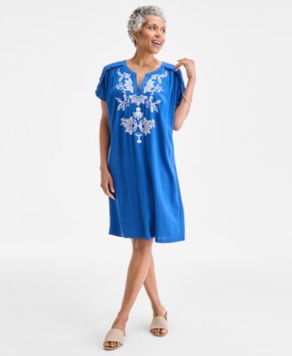 Style & Co - Women's Hallie Embroidered Split-Neck Dress