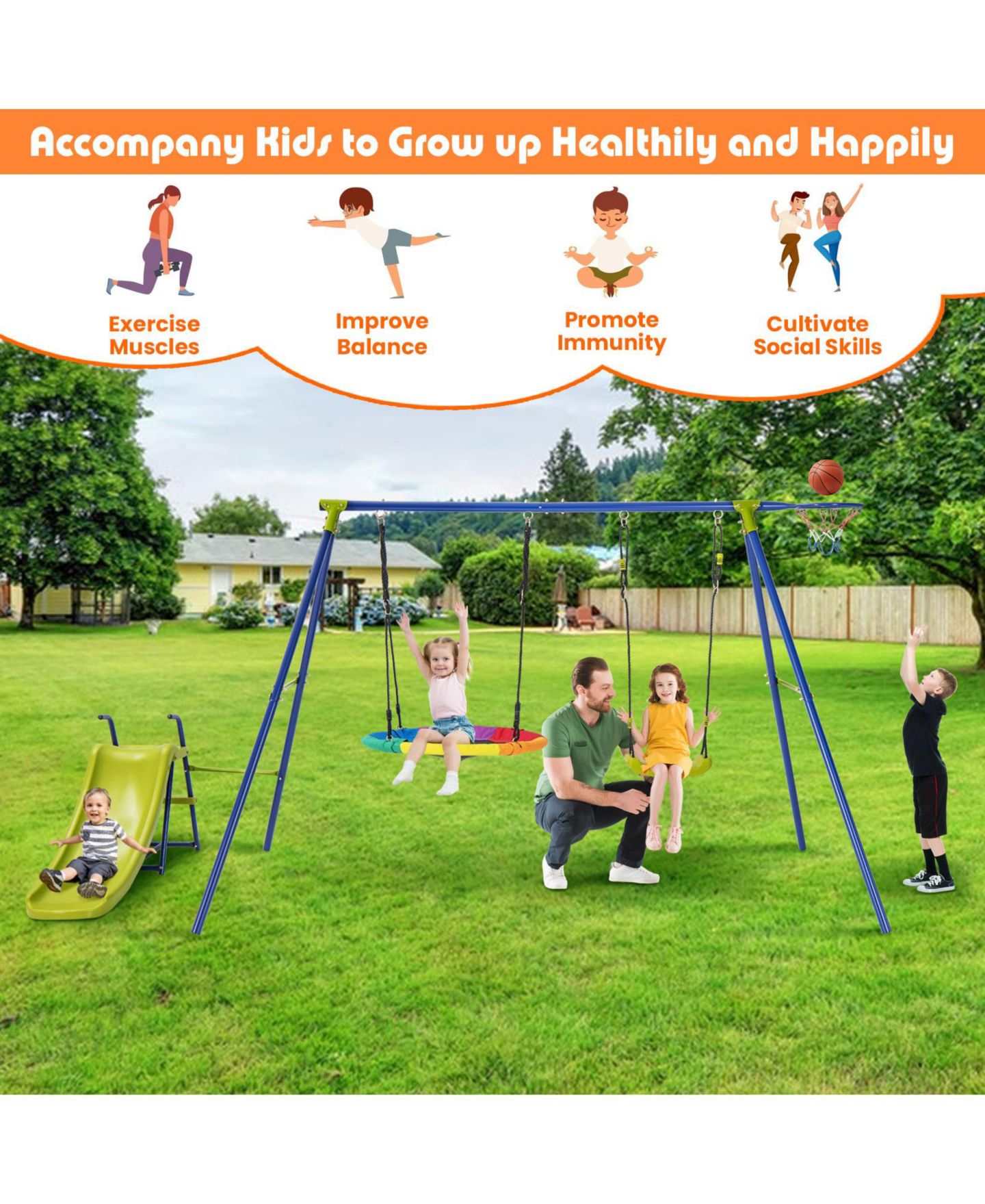 Детский игровой набор Mecale 4-in-1 Heavy-Duty Metal Playset with Slide and Basketball Hoop, цвет: Синий — фото 5