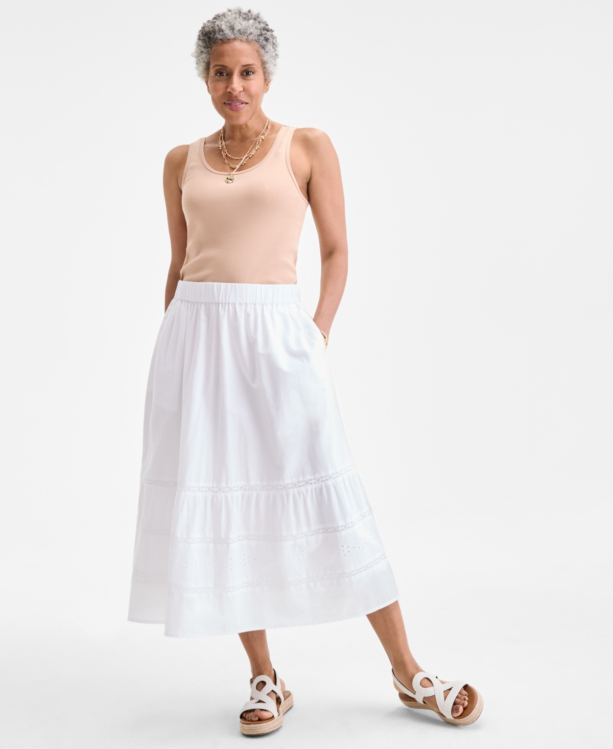 Women's Cotton Lace Pull On Tiered Skirt, Exclusively at Macy's - Bright White