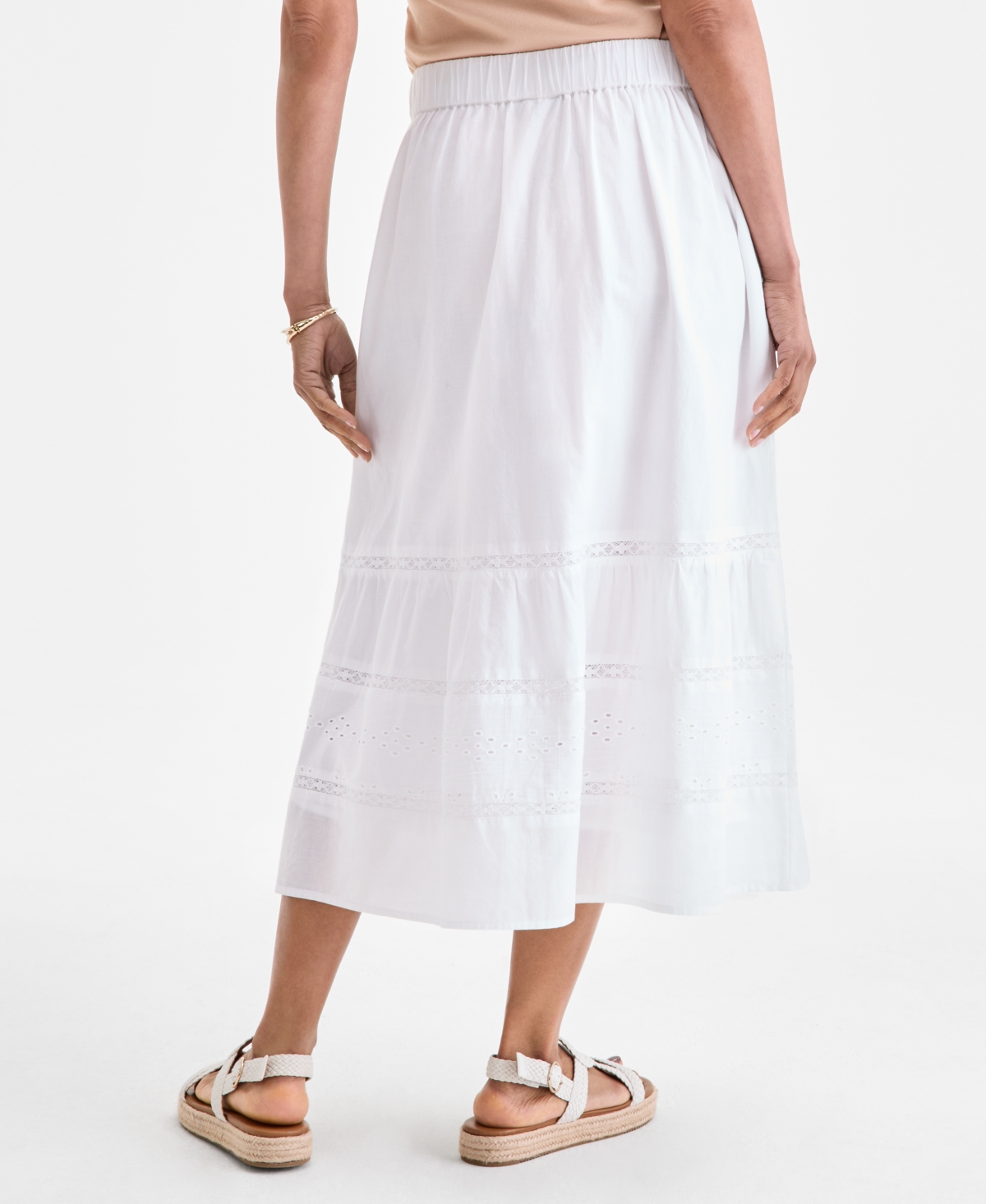 Style & Co Women's Cotton Lace Pull On Tiered Skirt, Exclusively At Macy's In White
