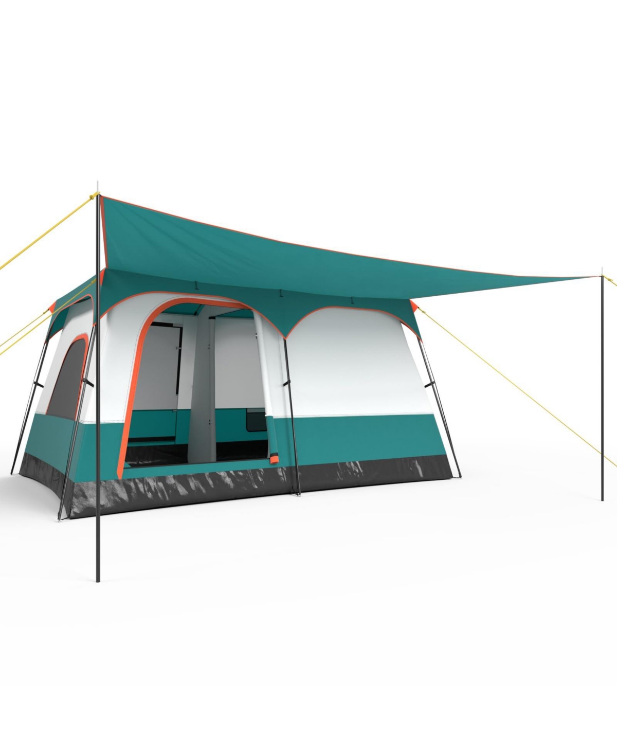 8-10 Person Camping Tent with Double Rooms and 2 Doors - Green
