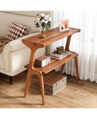 Narrow End Table for Living Room, 2-Tier Slim Sofa Side Table with Solid Wood Legs, Bedside Table, Nightstand for Bedroom