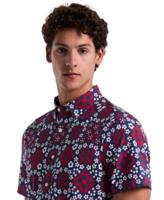 Men's Slim Fit Short Sleeve Medallion Print Button-Down Shirt