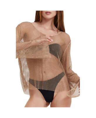 Women's Rhinestone Lattice Long Sleeve Cover Up