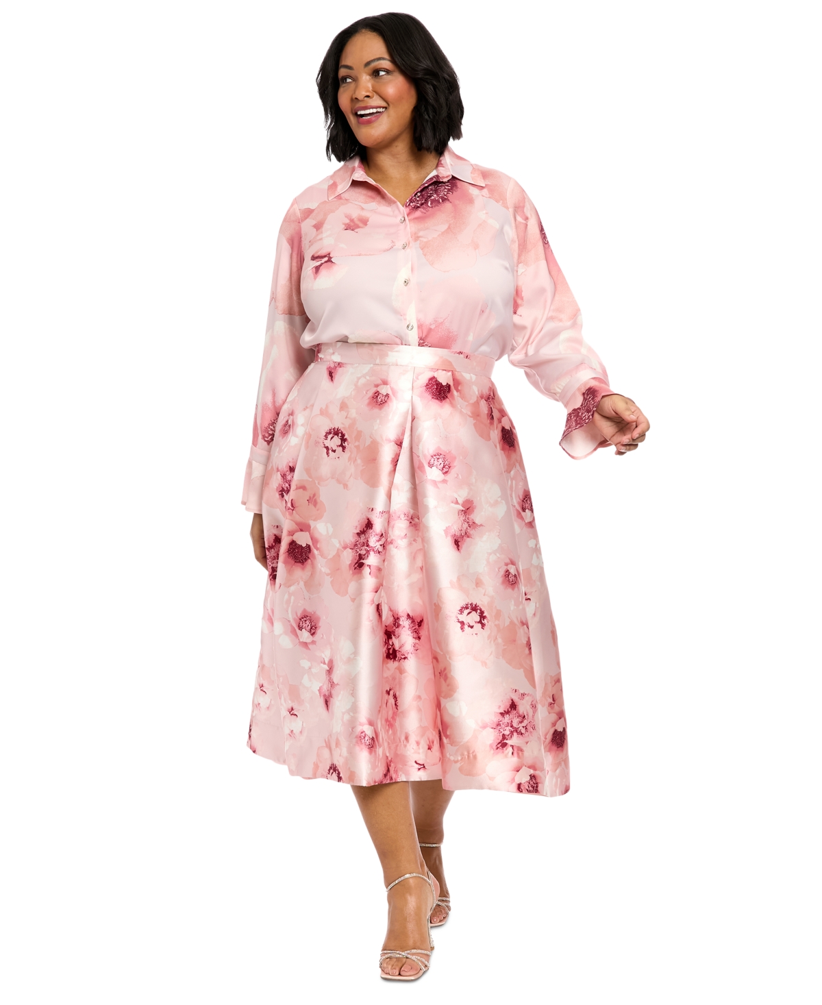 Plus Size Floral-Print Pleated Skirt - Blush/Mauve/Peach