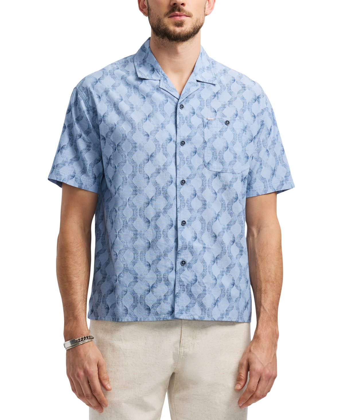 Buffalo David Bitton Men's Sonix Relaxed Fit Short Sleeve Wave Print Button-front Camp Shirt