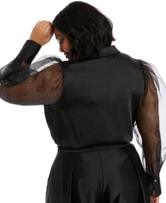 Plus Size Bow-Trim Bishop-Sleeve Blouse 