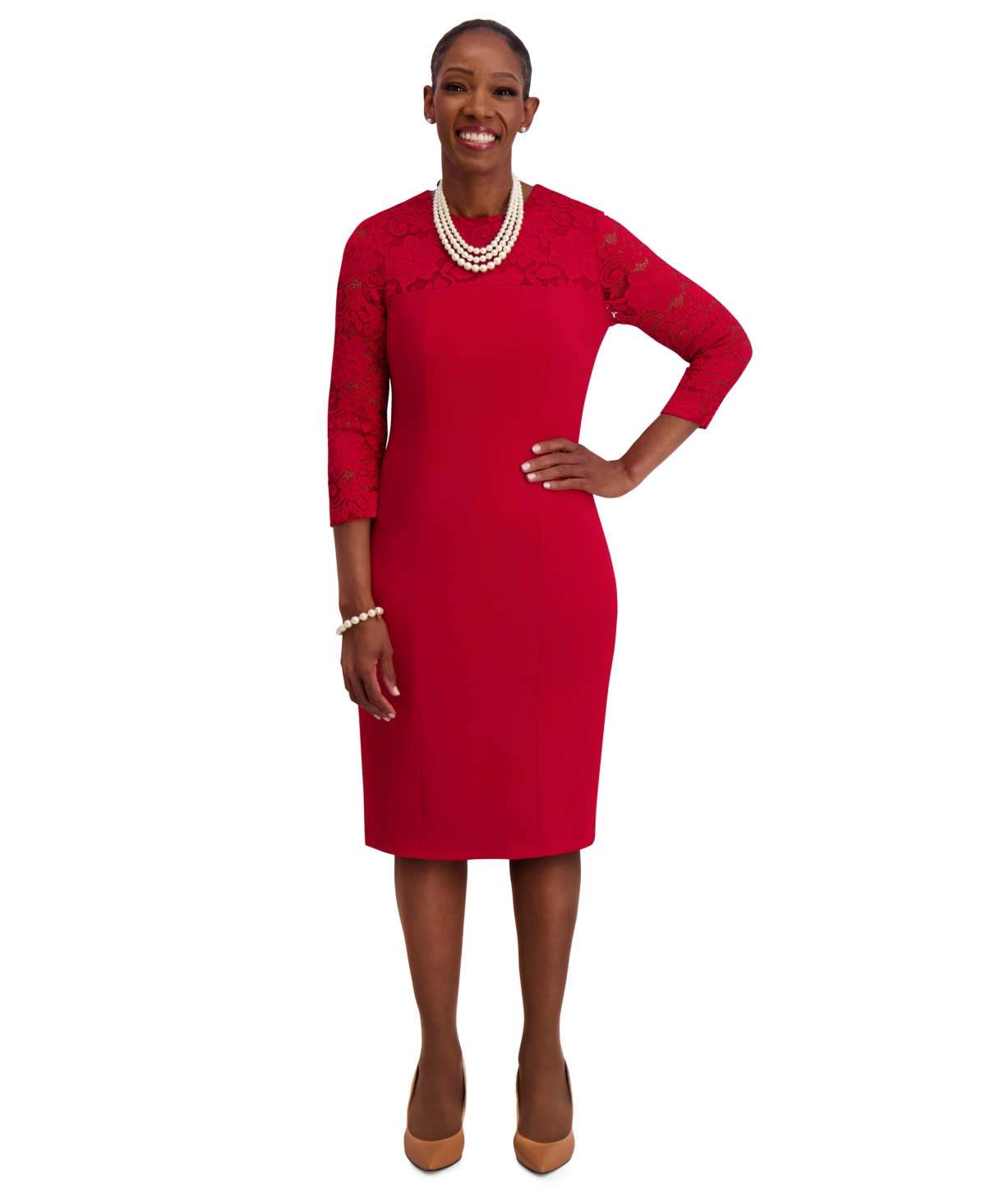 Women's Lace-Sleeve Sheath Dress, Regular & Plus Sizes - Crimson